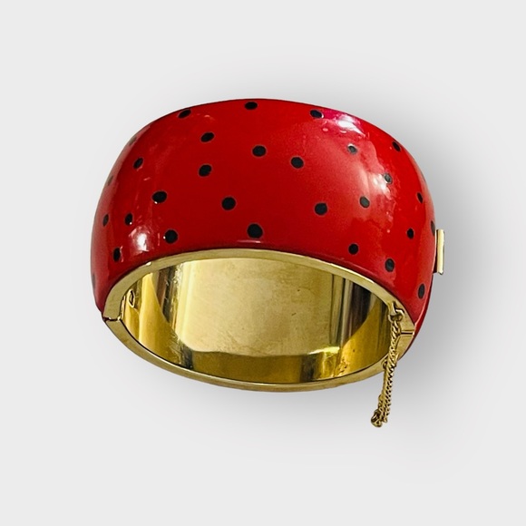Huge Statement Vintage Red With Black Polka Dots Hinge Bangle Bracelet - Picture 6 of 10